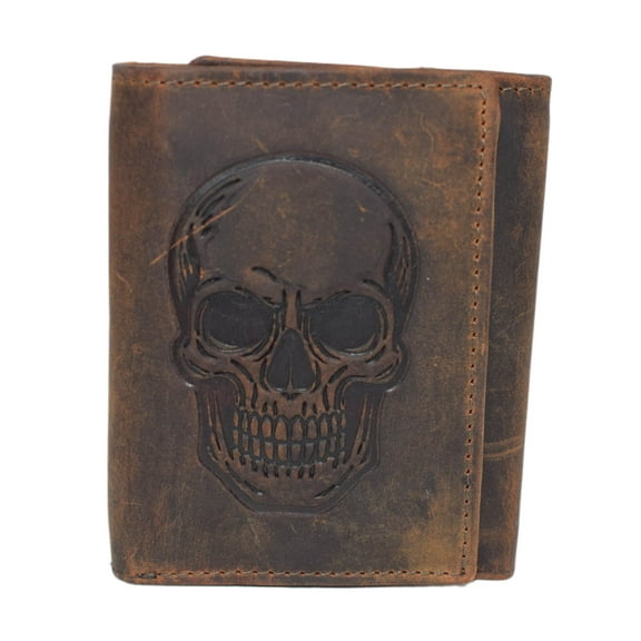 MARSHAL Mens Genuine Leather Skull Wallet  Trifold RFID Blocking Biker Wallet with ID Window & Snap Closure Brown No Chain