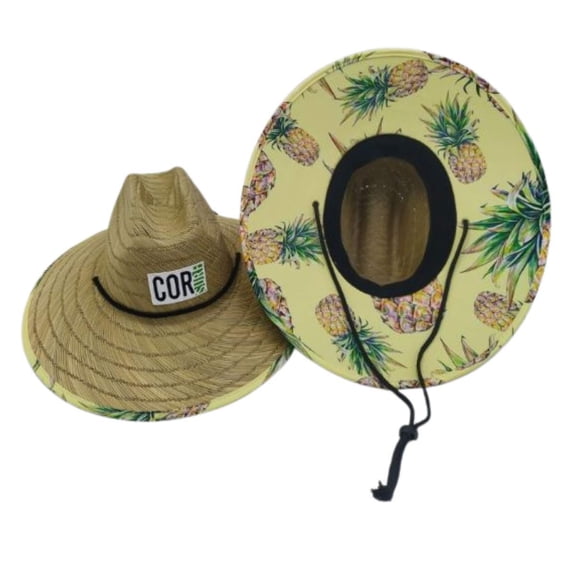 Straw Beach Hat - UPF 50 Cotton Patriotic Under Brim Lifeguard - Drawstring Fit - Large