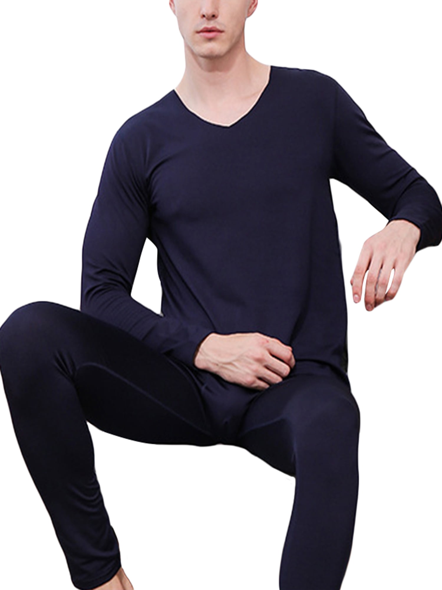 Mens Winter Thermal Underwear Pajamas Long Johns Tops Pants Nightwear Solid Fit