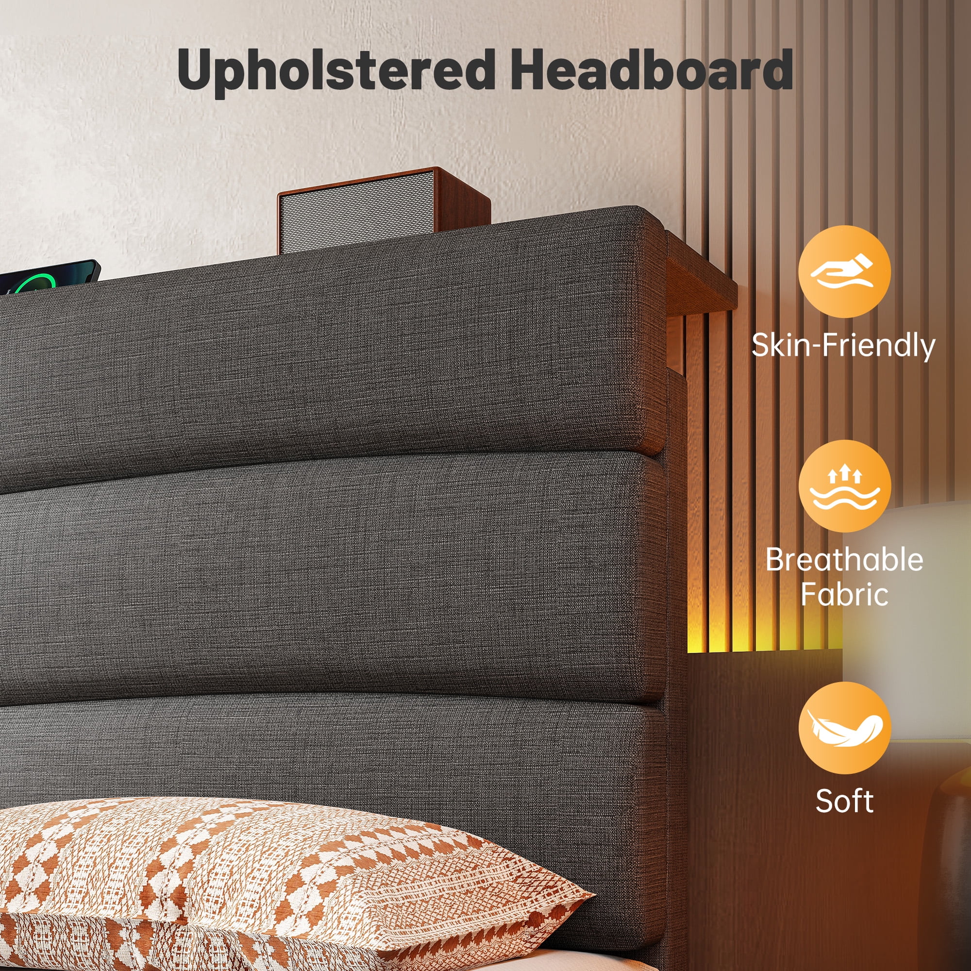 EnHomee Queen Size Bed Frame with Headboard Upholstered Bed Frame Queen with Storage Queen Size Bed Frame with Charge Station Gray, No Box Spring Needed, Noise Free