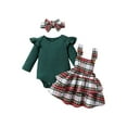 thumbnail image 1 of Faithtur Baby Girl Fall Outfits Solid Color Ribbed Crew Neck Long Sleeve Rompers Ruffles Plaid Suspender Skirts Headband 3Pcs Clothes Set, 1 of 9