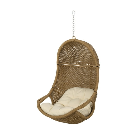 GDF Studio Yukon Outdoor Wicker Hanging Basket Chair with Cushions, Light Brown, Beige