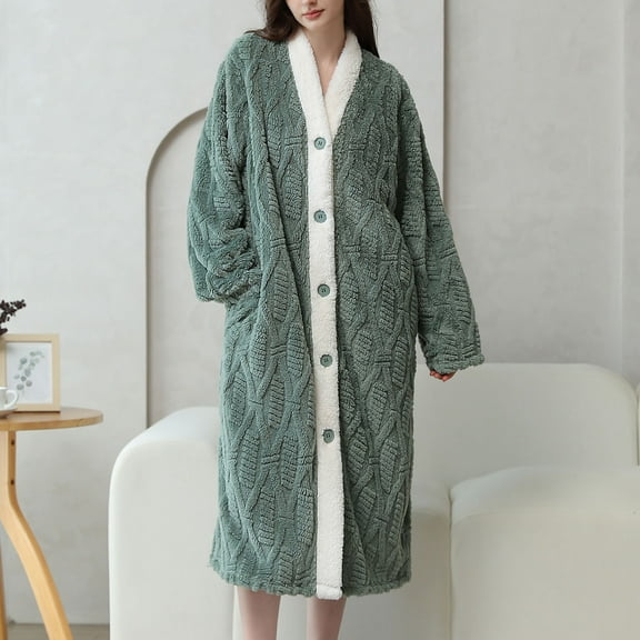 ylioge Winter Robes for Women with Pockets Button-Down Fleece Bathrobes Ladies Casual Long Length Long Sleeve Thermal Warm V Neck Homewear Bath Robe