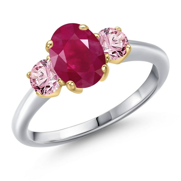 Gem Stone King 925 Silver and 10K Yellow Gold Red Ruby and Pink Lab Grown Diamond Engagement Ring for Women | 2.10 Cttw | Oval 8X6MM | Gemstone July Birthstone | Size 9