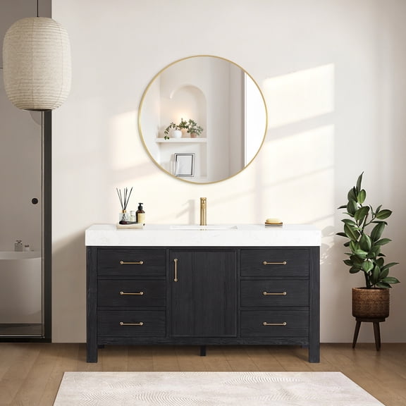 Leon 60" Single Bathroom Vanity in Fir Wood Black w/Lightning White top&Mirror