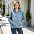 thumbnail image 3 of Women's Half Zip Denim Hoodie Pullover Jackets Jean Tops Oversized Long Sleeve Hooded Shirts with Front Pocket Casual Fall Outerwear, 3 of 5