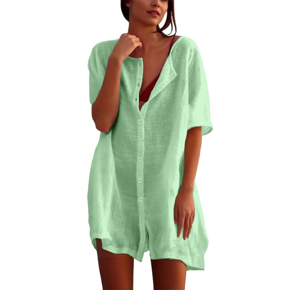 Afdoent Dresses For Women Summer Mid Length Loose Solid Color Short Sleeve Chiffon Shirt Dress Beach Vacation Clothes