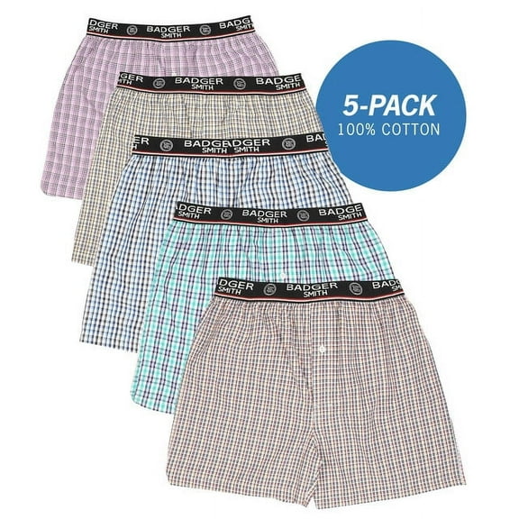 Badger Smith - Men's Boxer Shorts, Comfortable Cotton Boxers, 100% Cotton Checks Multicolor Boxers For Men, Multi Pack - Large