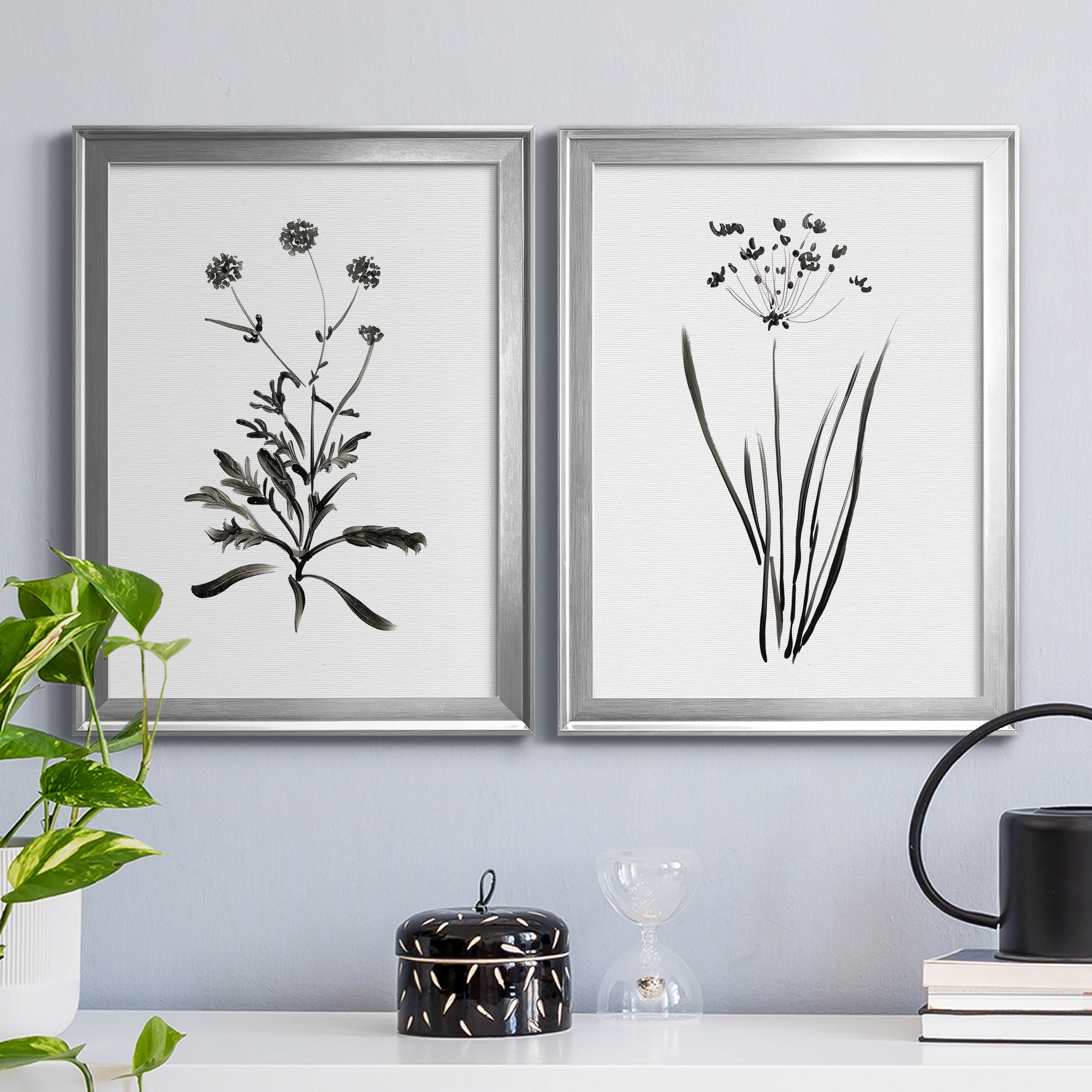 2 Piece Set Inky Botanical I Premium Framed Canvas - Ready to Hang - 18.5 x 24.5 Each - Silver Frame