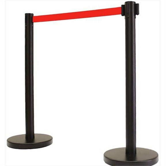 VIP Crowd Control 1101 14 in. Flat Base Black Post & Cover Retractable Belt Stanchion - 6.5 ft. Red Belt