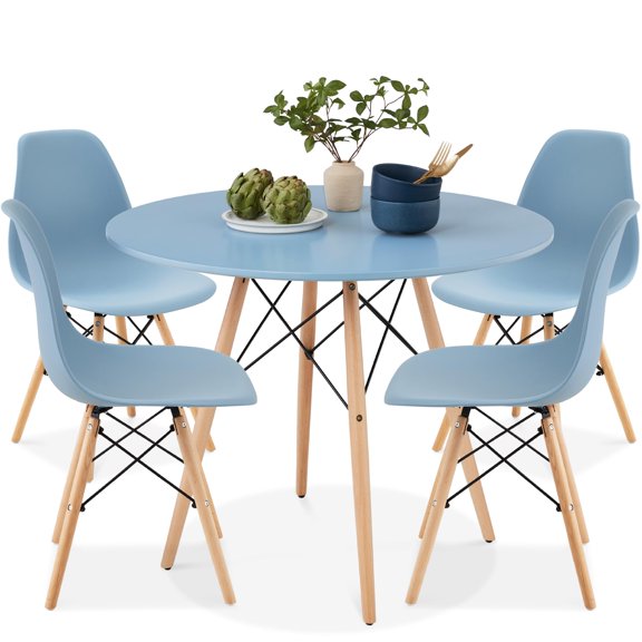 5-Piece Mid-Century Modern Dining Set Blue Table With Oak Legs And Plastic Chairs