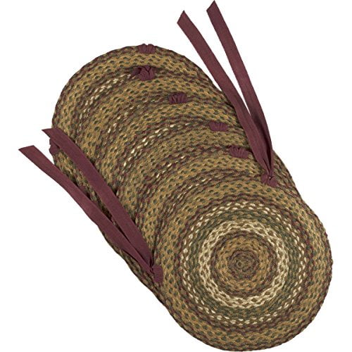 VHC Brands Tea Cabin Jute Chair Pad Set of 6 Log Cabin Country Rustic Lodge Braided Design, Moss Green and Deep Red