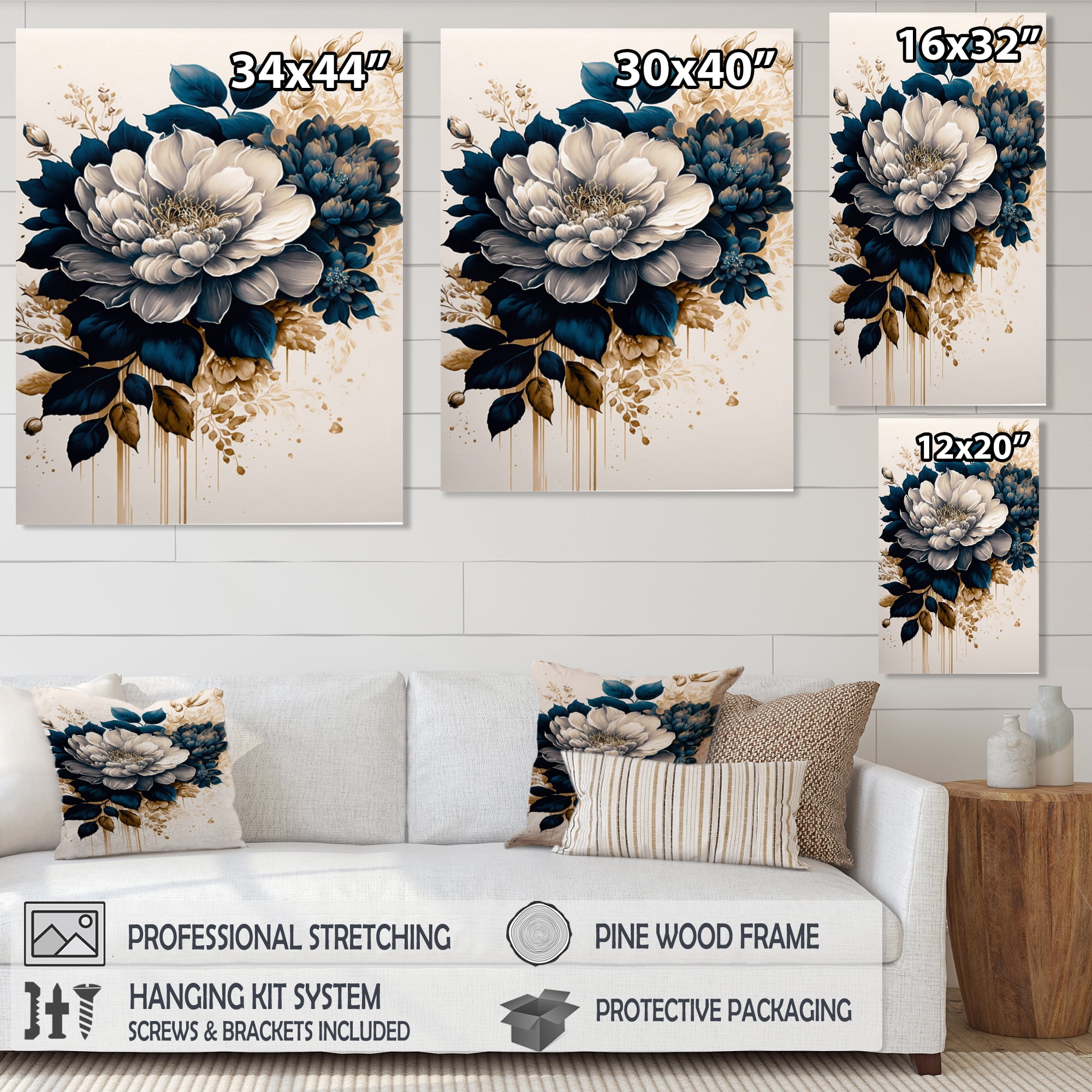 Designart Blue And Gold Dahlia Bunch IV Canvas Wall Art