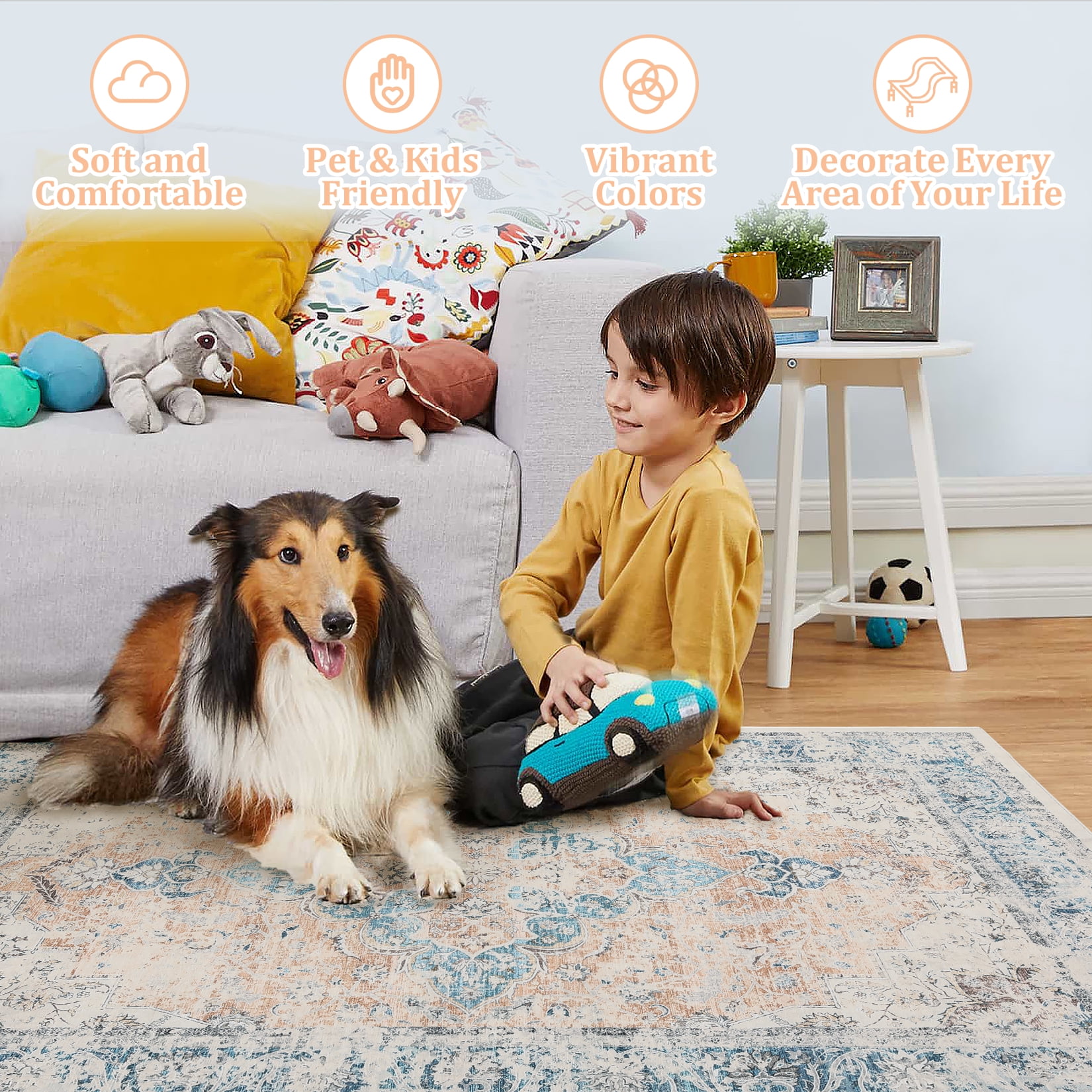 GlowSol 9' x 12' Area Rug Large Vintage Floral Print Rug Machine Washable Accent Rugs for Living Room Bedroom, Light Orange/Multi