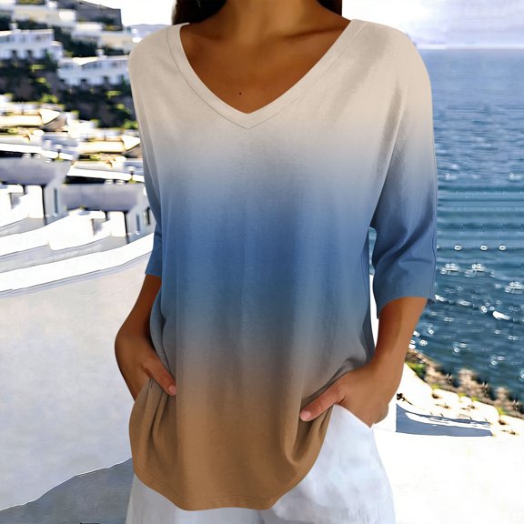 Ovbmpzd Summer Tops for Women 2026 Summer Fashion Brown Blouses 3/4 Sleeve V-Neck Casual Tops for Women,XXL