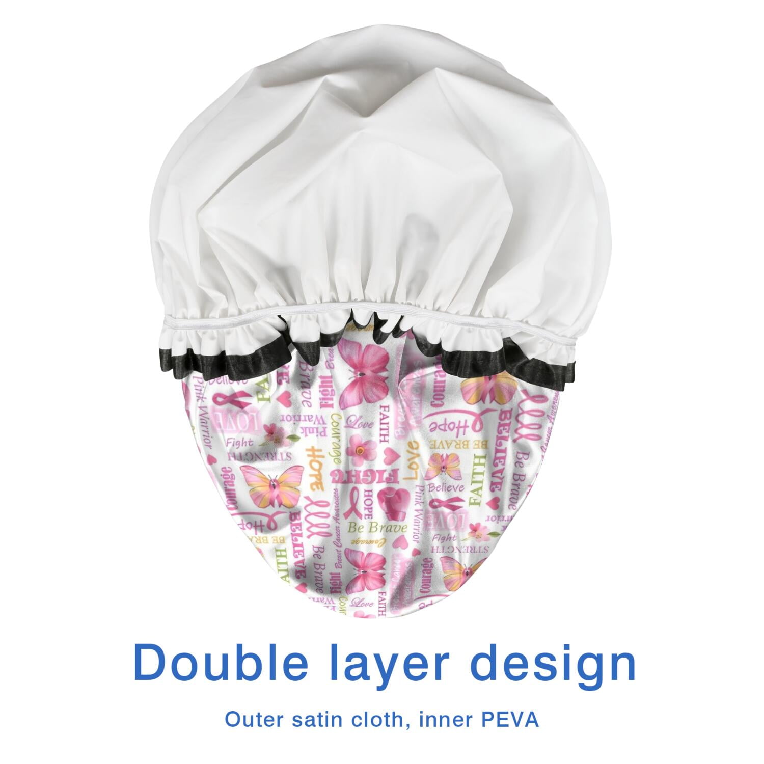 Shower Caps,Pink Butterfly Word Pattern Waterproof Shower Cap for Women 4 Pieces,Double Reusable Hair Cover for Shower PEVA Elastic Stretch Hem