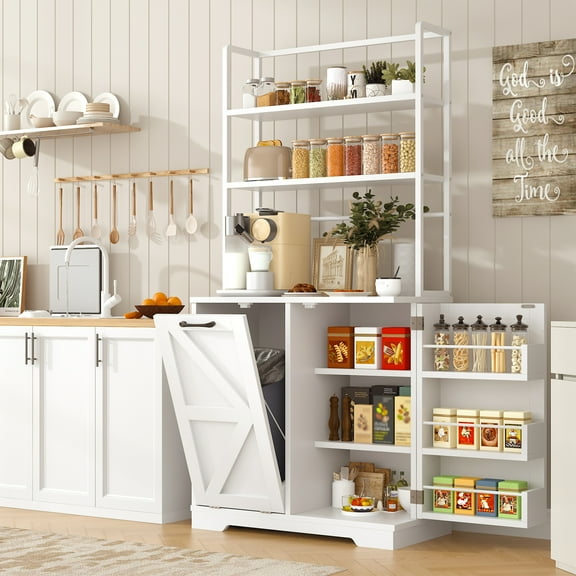 Winkalon 6-Tier Kitchen Bakers Rack with Storage Cabinet, 68" H Microwave Stand with Trash Bin,White