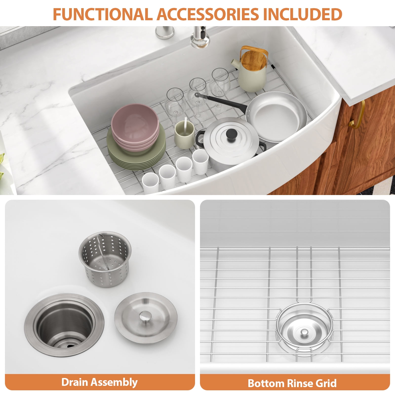 30" Ceramic Farmhouse Kitchen Sink Single Bowl with Bottom Grid and Drain Assembly