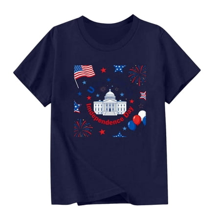 Boys & Girls Independence Day Outfit Tops Short Sleeve Crewneck Print USA Shirts Casual Loose T-Shirts for 3-14 Years