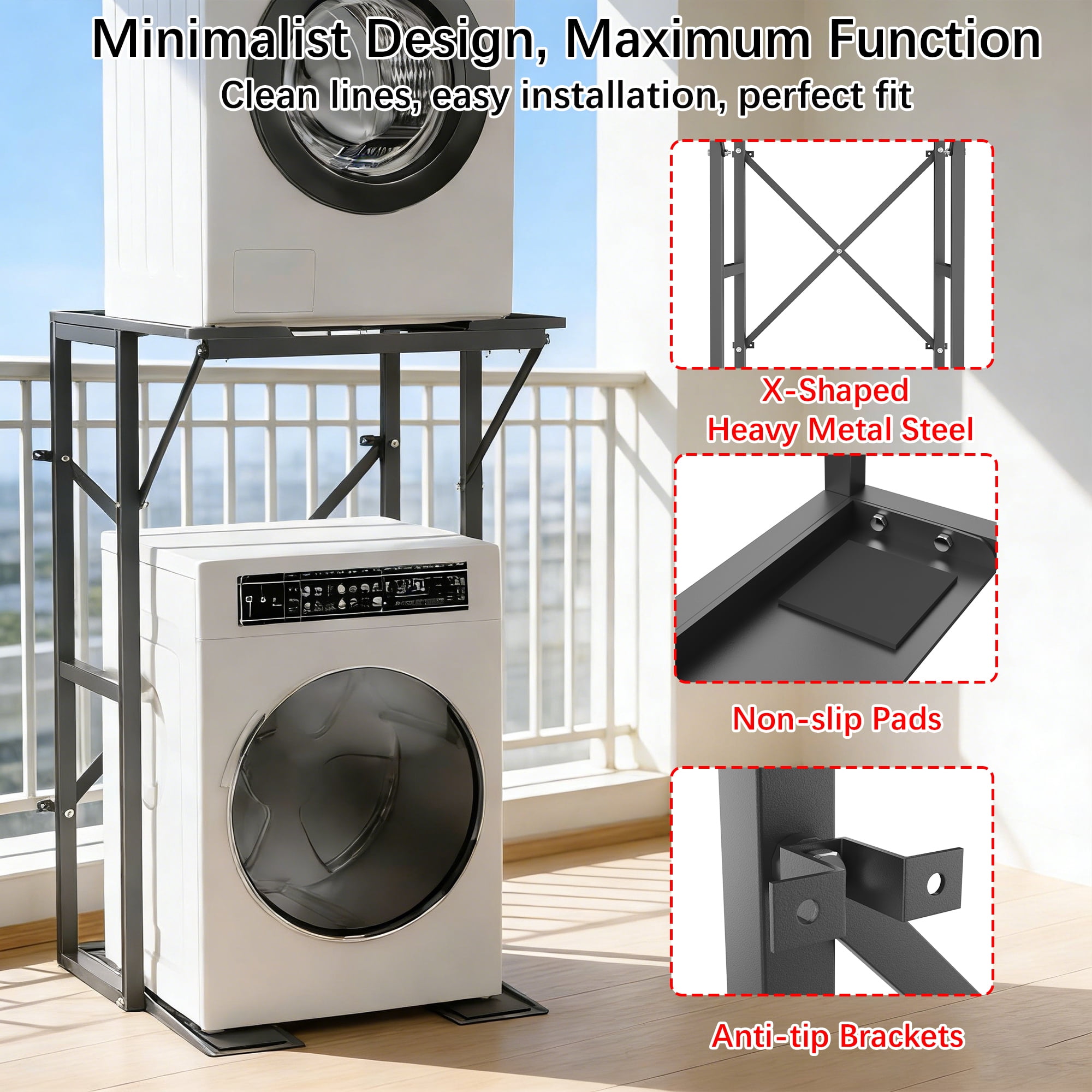 Universal Washer Dryer Stacking Stand, Heavy Duty Steel Washer Dryer Stacking Kit with Anti-Tip Brackets & Non-Slip Pads, Space Saving Laundry Appliance Stand