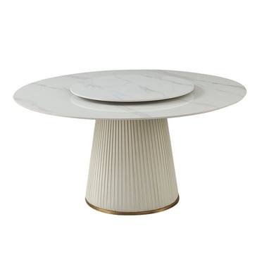 Leavader 59-inch Round Sintered Stone Dining Table with PU Leather Base, Living Table for Home with Two Layer Top (Only One Table)