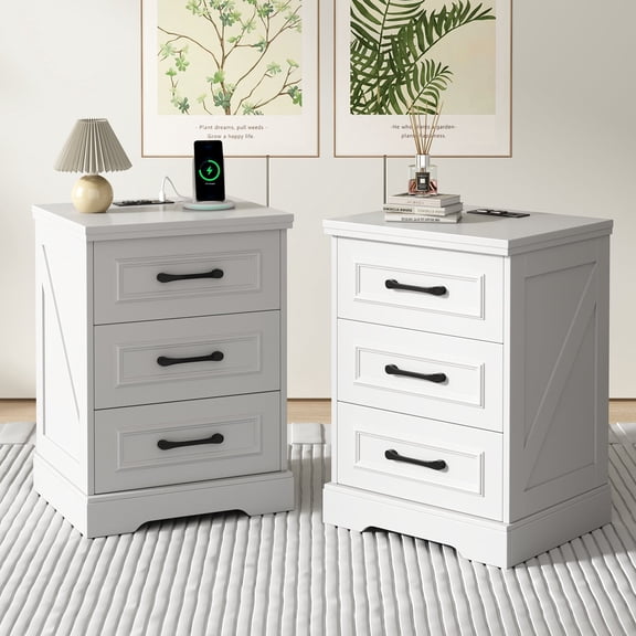 NEGYLIM 2-Piece Nightstand, Farmhouse End Table with Charging Station, 3 Drawers Storage for Bedroom