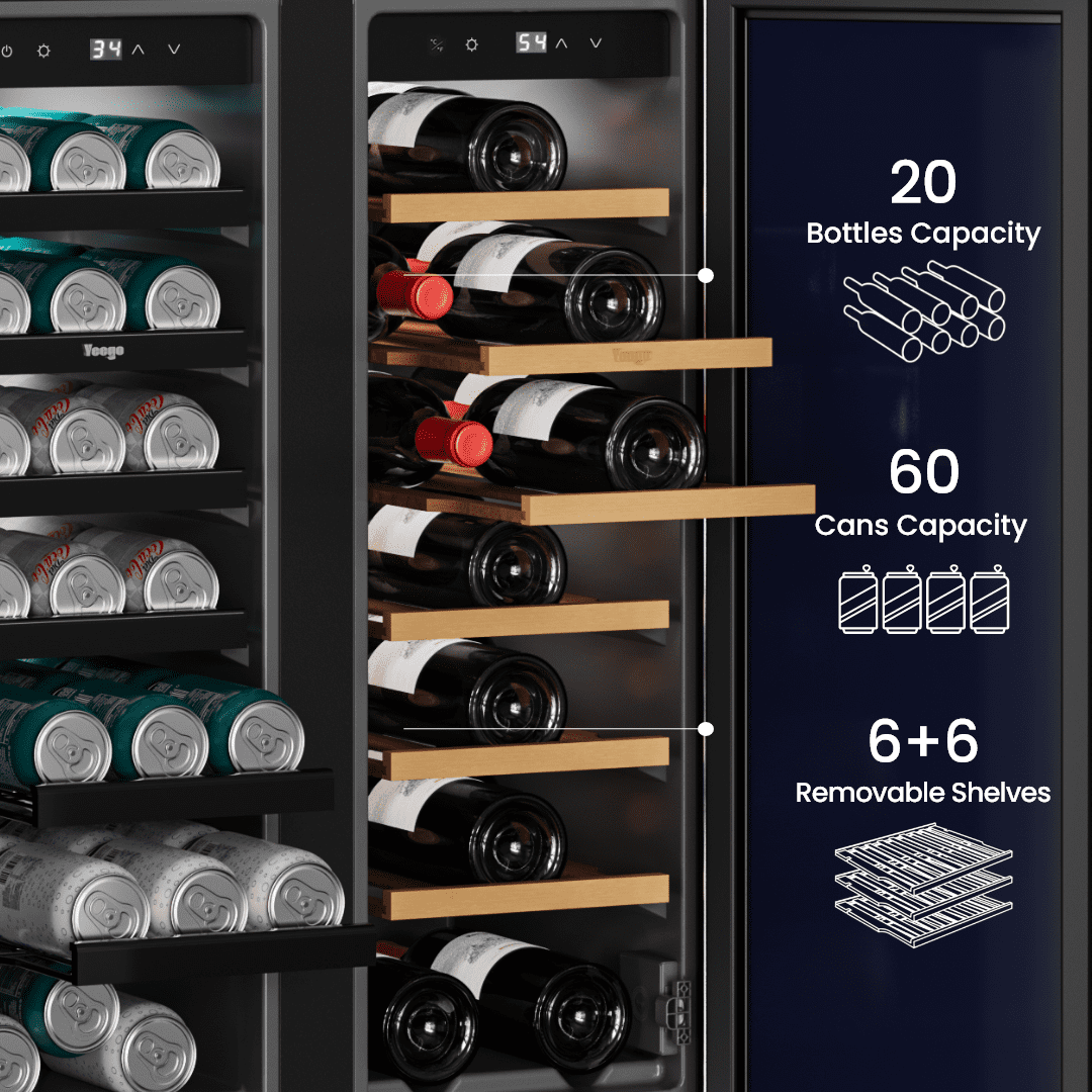 Yeego 24" Built-in Beverage Cooler, Dual Zone 116L/4.1Cuft, 20 Bottles & 60 Cans, Outdoor Rated 304 Stainless Steel Refrigerator with Adjustable Shelves, Lock, 34-65℉, for Home/Bar/Patio