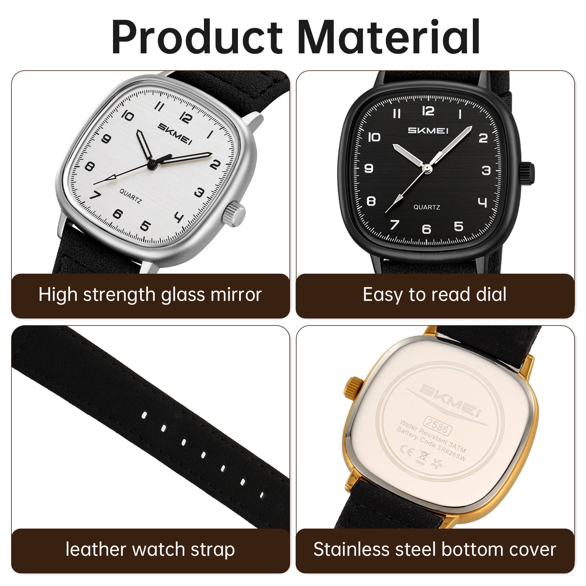 SKMEI Men Watch Fashion Minimalist Quartz Waterproof Wrist Watches for Mens Big Face Business Casual Watch，Leather Watch Strap