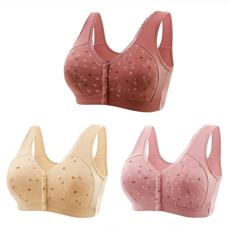 Mrat Bras for Women Large Bust Plus Size 3pc Women Front Buckle for Middle-Aged and Elderly Underwear Soft Cotton Oversized Tank Tops Without Steel Ring Printed Bra S-464 Coffee M