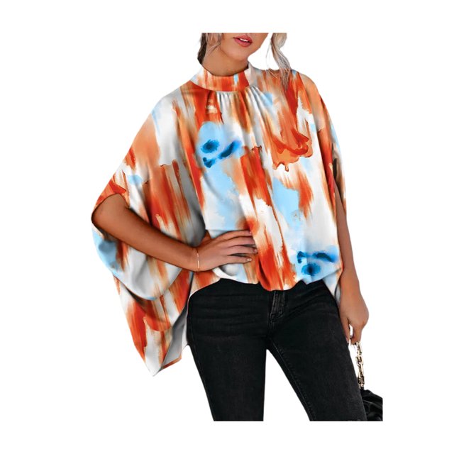 VISgogo Blusa de verano para mujer, manga de murciélago, camisa informal lisa/estampada con cuello simulado, blusas sueltas para mujer VISgogo moda