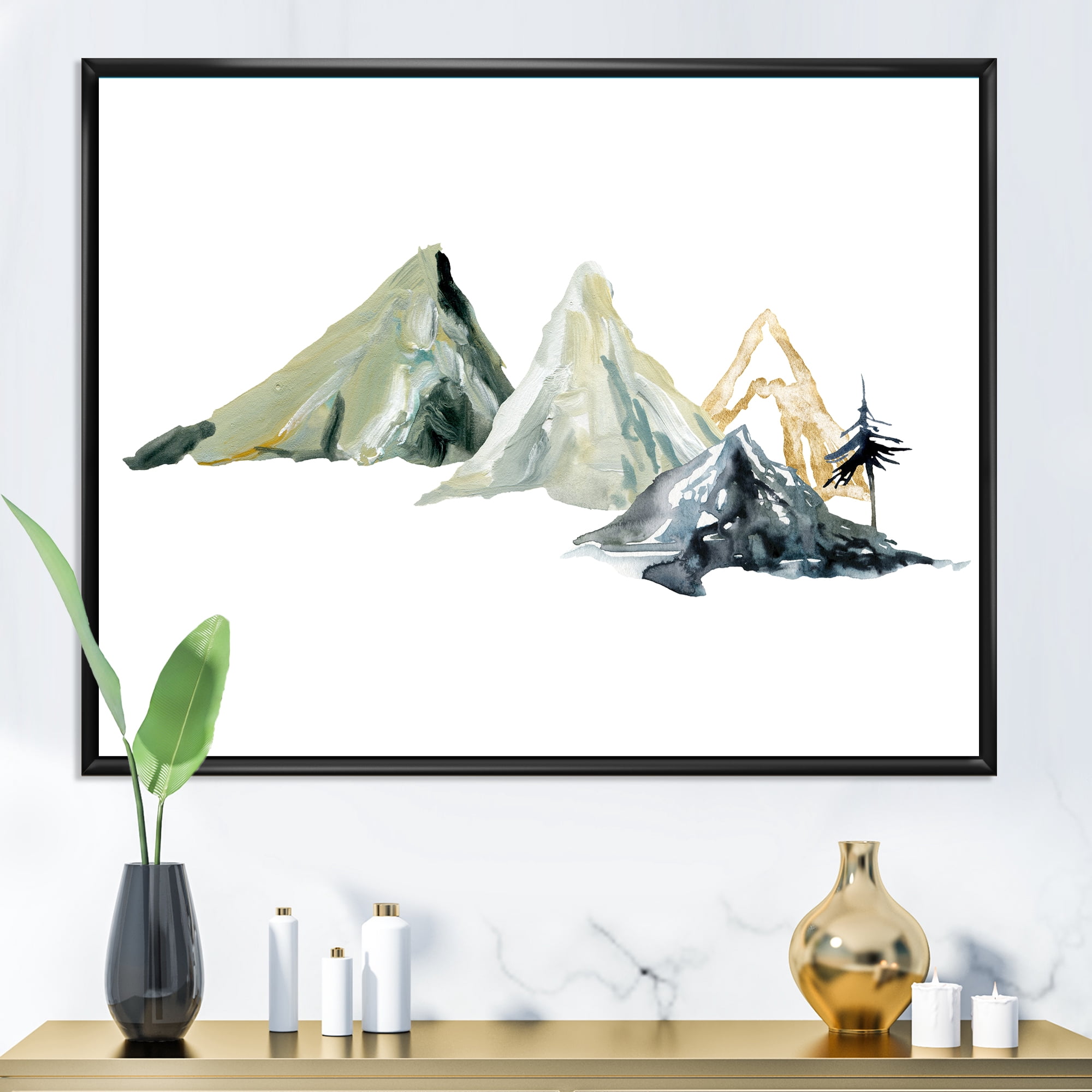 Designart 'Dark Blue Mountain Landscape Winter Minimalistic I' Modern Framed Canvas Wall Art Print
