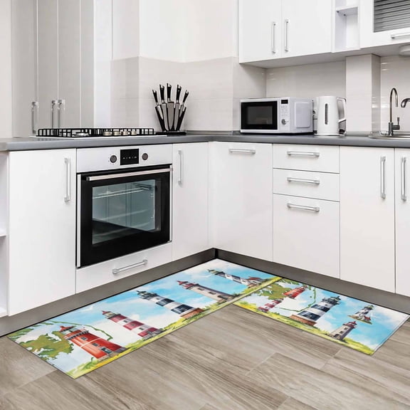 Lighthouse 2 Pieces Non-Slip Kitchen Mat Set Red Black Summer Oil Painting Ocean Beach Soft Door Mat with Rubber Backing,Dirtproof Rugs for Entrance Doorway 23.6x35.4in+23.6x70.9in