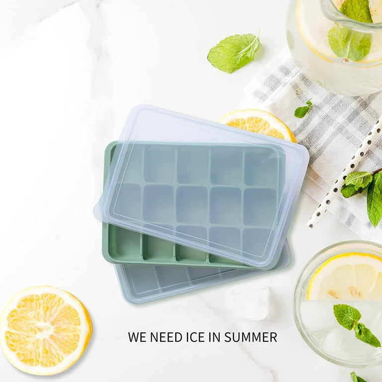 LessMo Ice Cube Tray with Lid 2 Pack, Silicone Ice Cube Molds, Easy Release  15 Square Ice Cube per Tray, BPA Free Flexible Reusable Stackable for