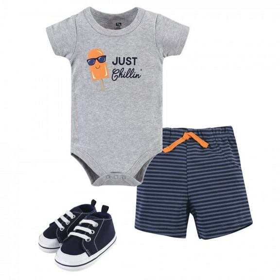 Hudson Baby Infant Boy Cotton Bodysuit, Shorts and Shoe 3pc Set, Chillin Popsicle, 0-3 Months