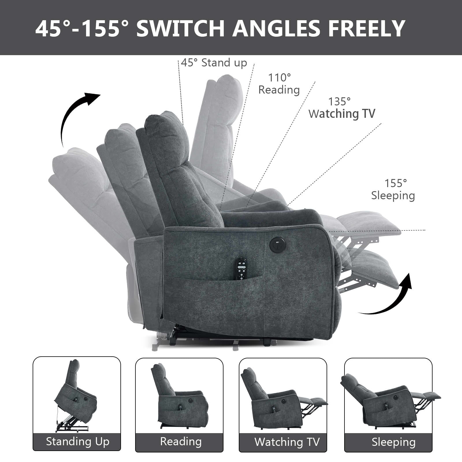 MAYEERTY Grey Chenille Power Lift Recliner Chair, Massage Heat USB Port 25"x36"x39" for Elderly