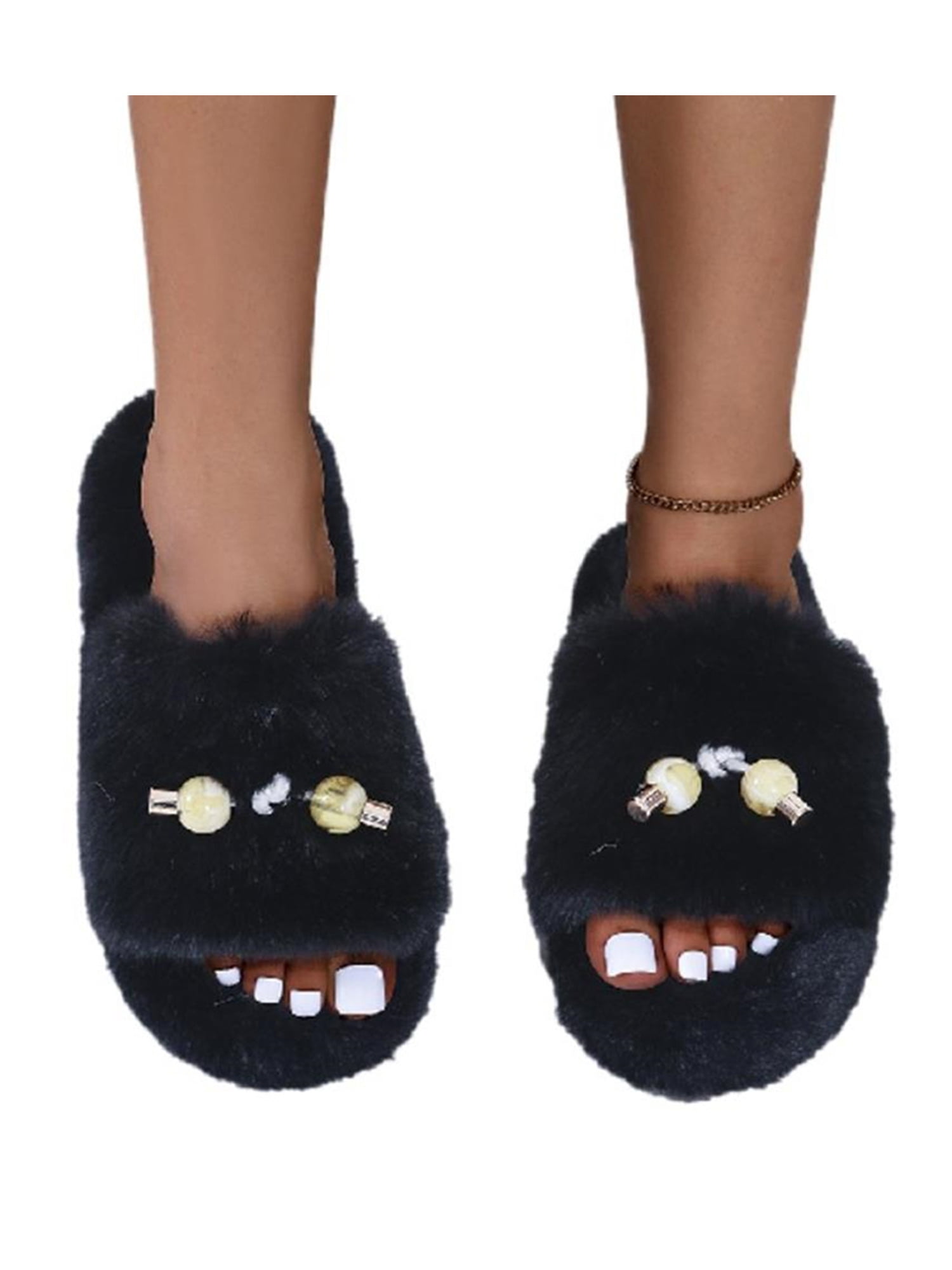 Women Winter Warm Fur Slides Fuzzy Slippers Slip On Flat Sandals Strappy Sliders 