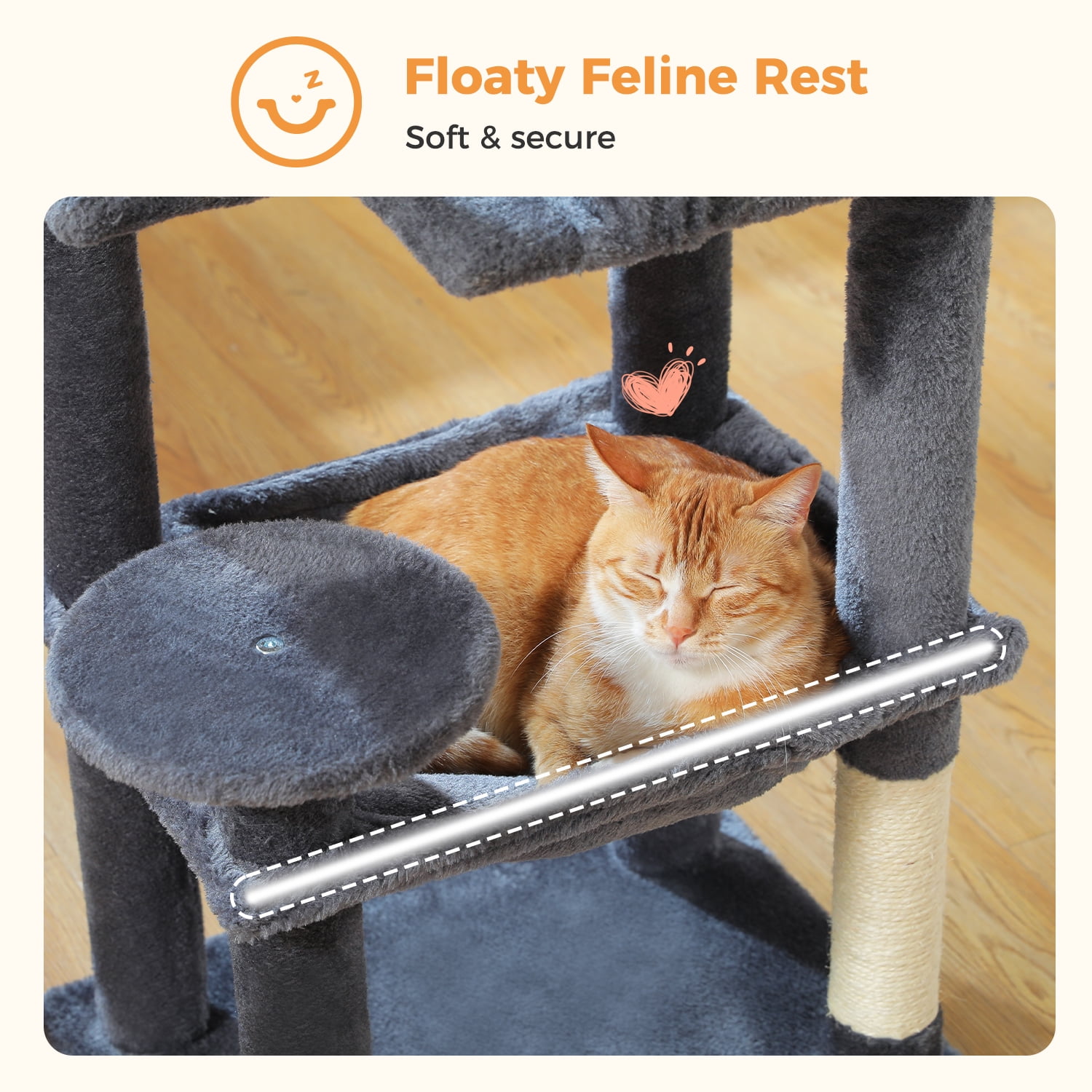 PAWZ Road Cat Tree Condo 46”with Sisal Covered Scratching Posts Tower Deep Hammock and Large Perch for Small Cats,Dark Gray