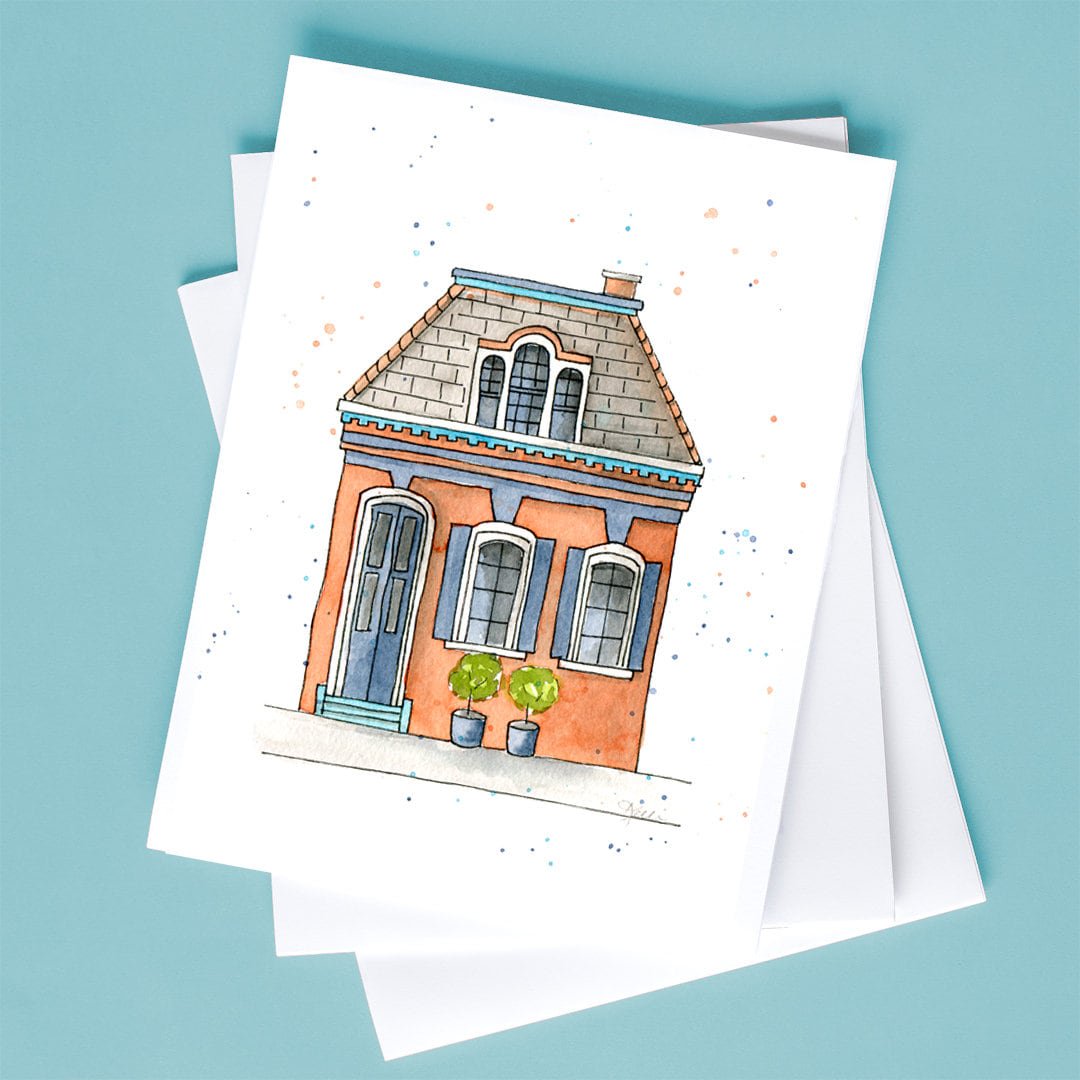 Watercolor House Greeting Card, Hand-Painted Red Brick Home Illustration, Note Card for Housewarming, New Home Congratulations, Blank Stationery Card