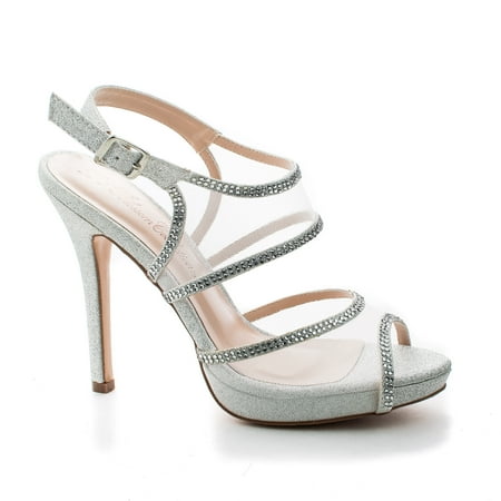 

Shuz1 by Blossom Mesh & Rhinestone Studded Strappy Stiletto Sling back Dress Sandals