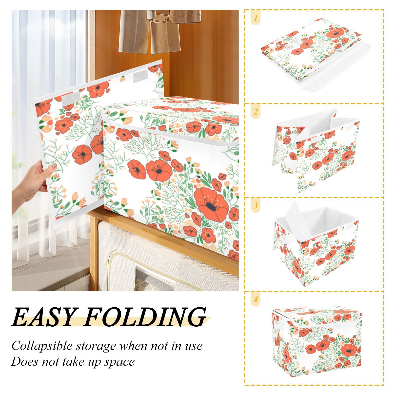 Orange poppies floral pattern print Large Storage Bins with Linen Collapsible Foldable Storage Cubes Fabric Closet Organizer Containers box with Flip-Top