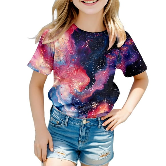 PMVFHDE Girls Tops Loose Tshirts Short Sleeve Tops Shirt Girl's Short Sleeve Crew Neck Fancy T Shirt Top Teenager Girls 3D Print Glitter Tops For Carnival Purple,10-11 Years