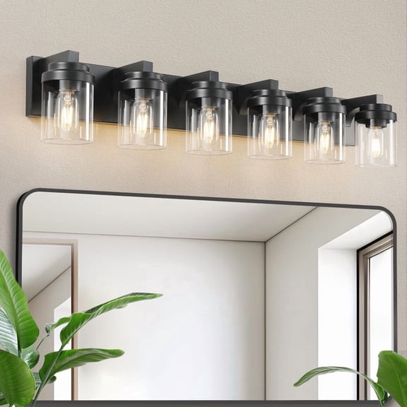 TICOZE 6 Light 38 Inch Black Bathroom Vanity Light with Clear Glass Shade Modern Bathroom Light Fixtures Over Mirror for Bedroom, Hallway (Bulbs Not Included)