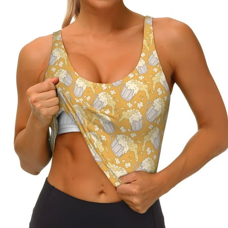 Qokaie Mug With Beer Pattern Womens Scoop Neck Sports Bra Breathable Workout Vest Padded U Back Medium Impact Fitness Gym Yoga Bra Workout Crop Top