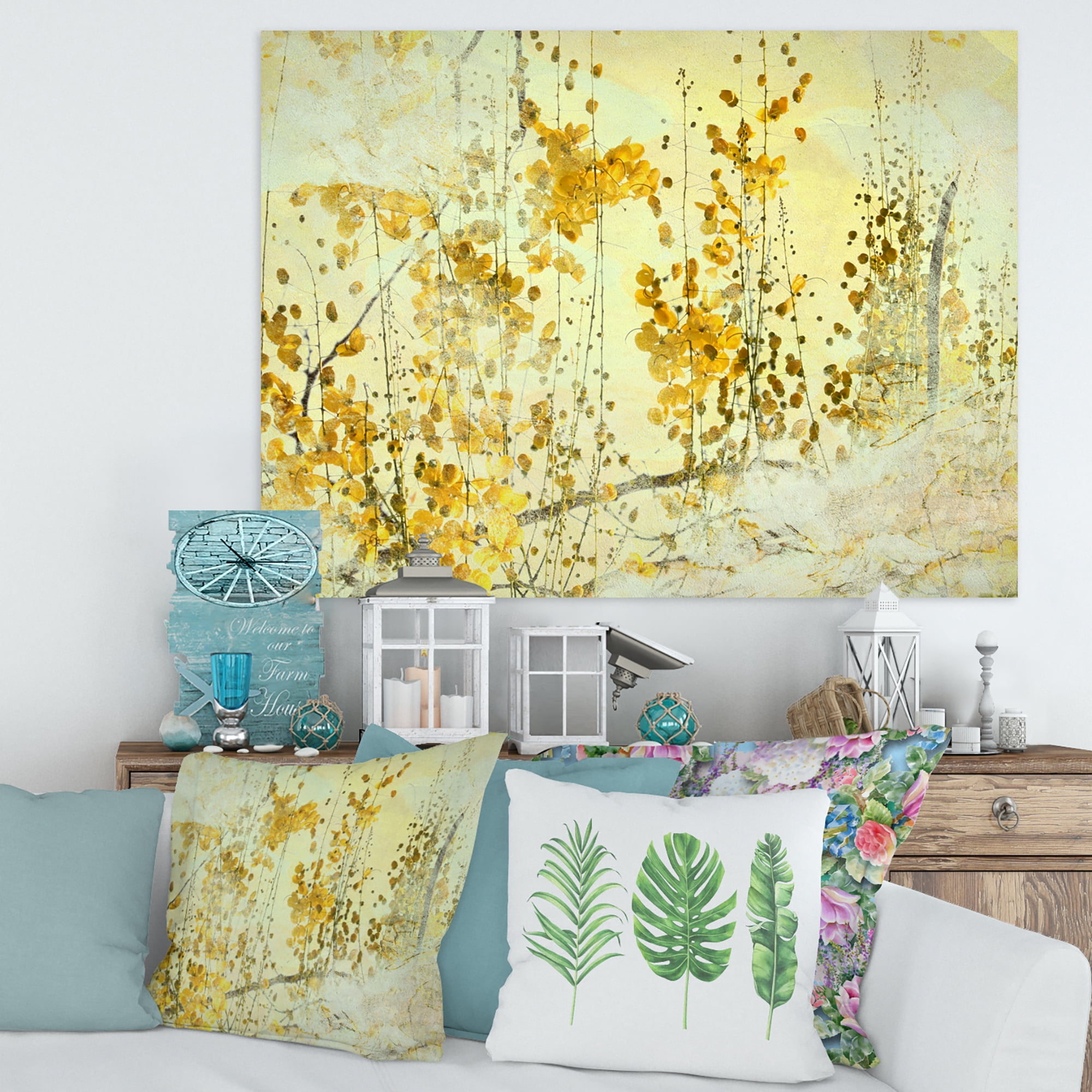 Designart ' Abstract Yellow Flower Grunge Art ' Modern Canvas Wall Art Print