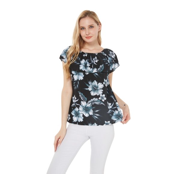 Women's Hawaiian Off-Shoulder Ruffle Muumuu Top in Midnight Bloom S