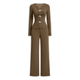 thumbnail image 4 of LEKWK Lounge Sets for Women Ribbed Long Sleeve Slim Fit Top with Cute Bows and Wide Leg Pants Matching Outfits 2 Piece Casual Sleepwear, 4 of 9