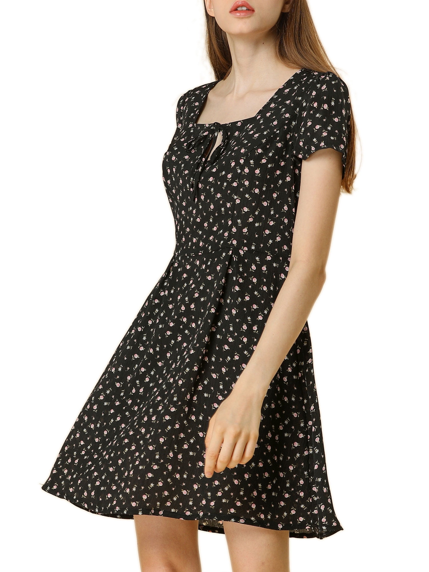 DARING DIVA Square Neck Short Sleeve Print A-Line Dress XL Black-Floral