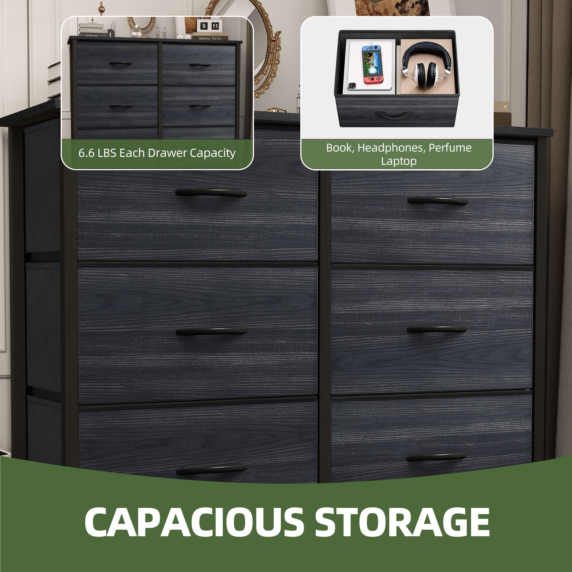 Uforic 8 Drawers Dresser Chest of Drawers for Fabric Storage Dressers for Living Room Charcoal Black Wood Grain