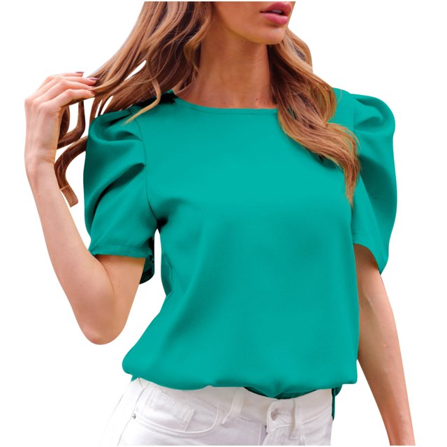 Yuyuzo Blouses pour Femmes Élégantes Décontractées Manches Courtes Bouffantes Col Rond Haut de Travail