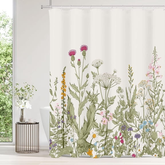 Extra Long Shower Curtain 72 x 84, Vintage Floral Shower Curtain for Bathroom, Spring Colorful Wildflower Sage Green Leaves Botanical Decorative Fabric Shower Curtain Set with Hooks